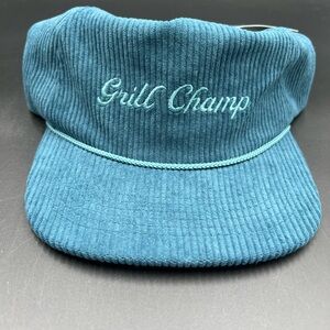 Blue corduroy “Grill Champ” trucker cap. Adjustable back. NWT retails for $25‎